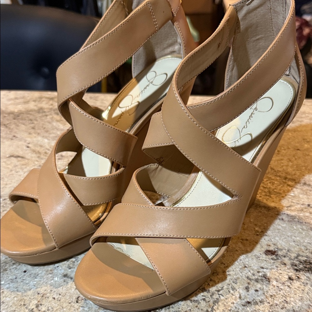 Elegant Tan Wedge Sandals Jessica Simpson size 9.5